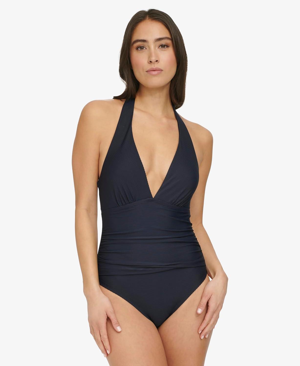 imageTommy Hilfiger Womens Stretch Tummy Control Halter Neck One Piece SwimsuitMidnight