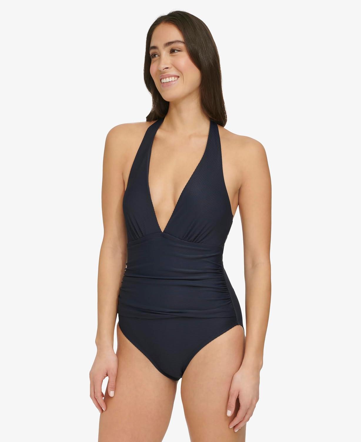 imageTommy Hilfiger Womens Stretch Tummy Control Halter Neck One Piece SwimsuitMidnight