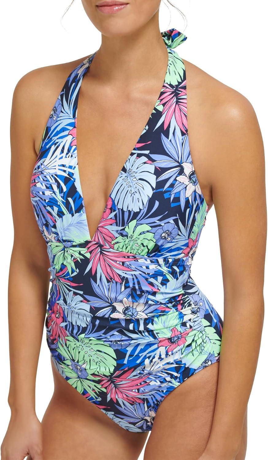 imageTommy Hilfiger Womens Stretch Tummy Control Halter Neck One Piece SwimsuitNeo Mint