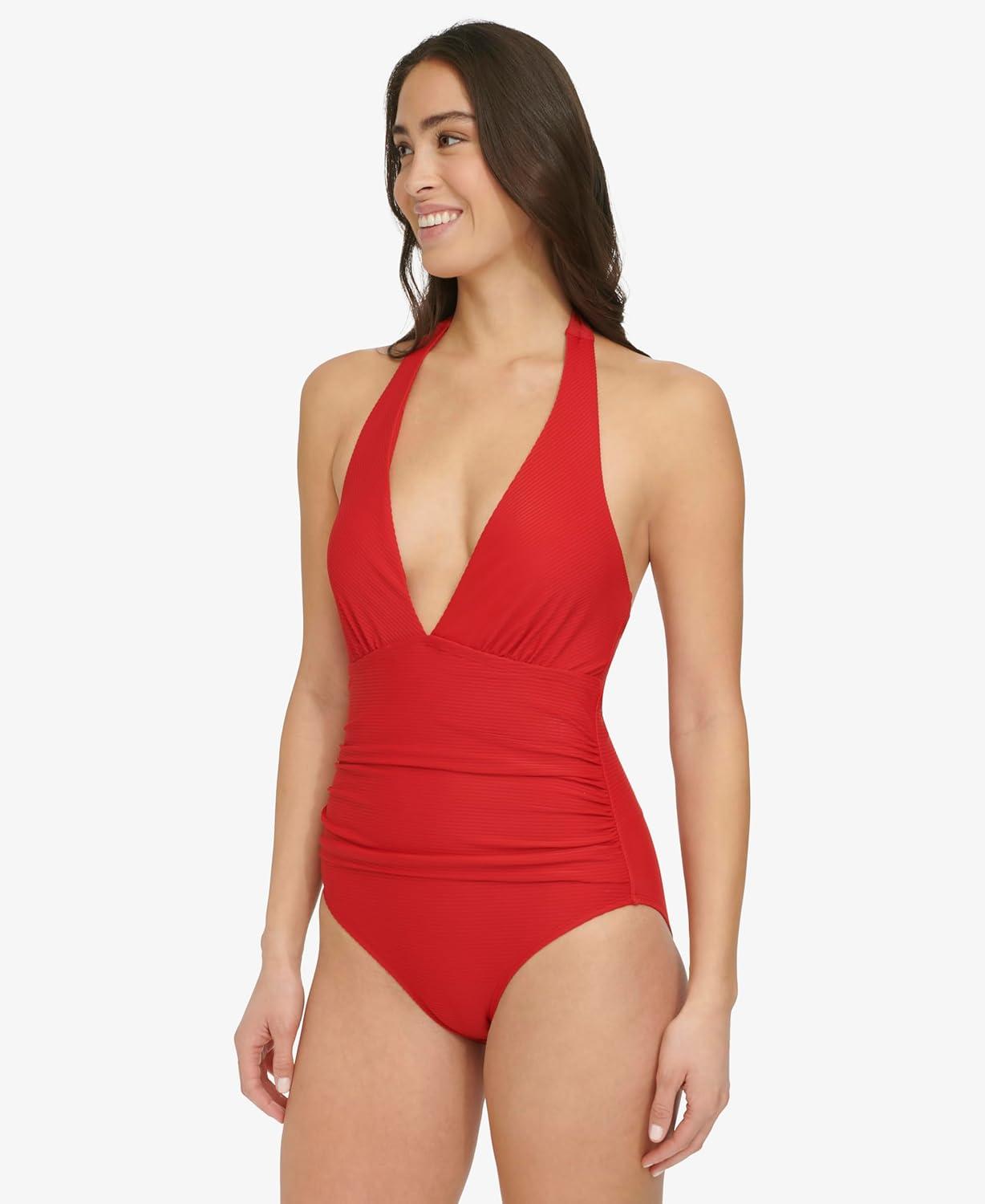 imageTommy Hilfiger Womens Stretch Tummy Control Halter Neck One Piece SwimsuitReal Red