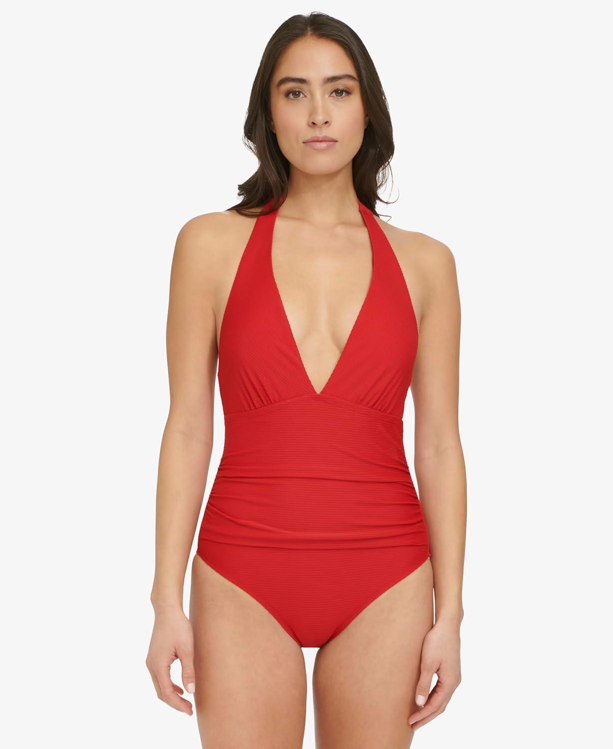 imageTommy Hilfiger Womens Stretch Tummy Control Halter Neck One Piece SwimsuitReal Red