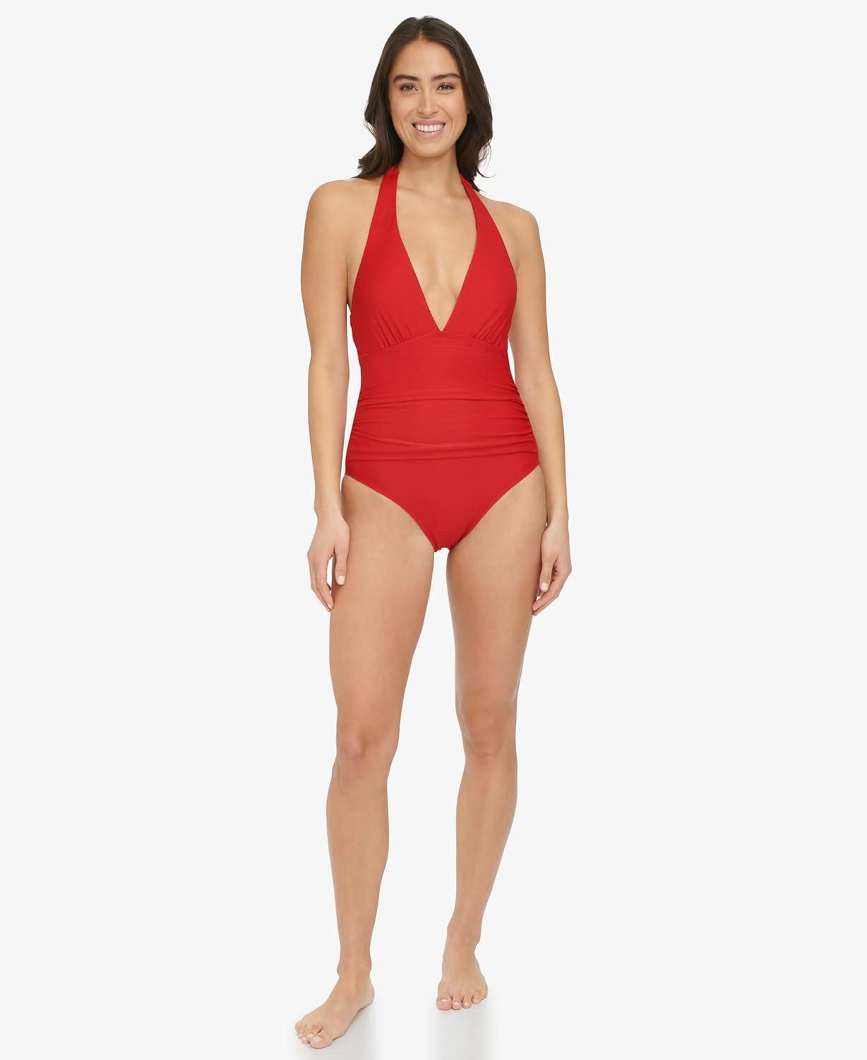imageTommy Hilfiger Womens Stretch Tummy Control Halter Neck One Piece SwimsuitReal Red