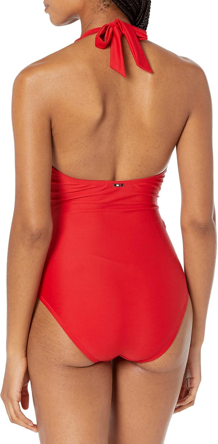 imageTommy Hilfiger Womens Stretch Tummy Control Halter Neck One Piece SwimsuitScarlet