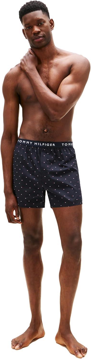 imageTommy Hilfiger mens Cotton Classic 4pack Woven BoxerDahlia Red Desert Sky Copenhagen Blue Anchor Blue W Micro Flag Print