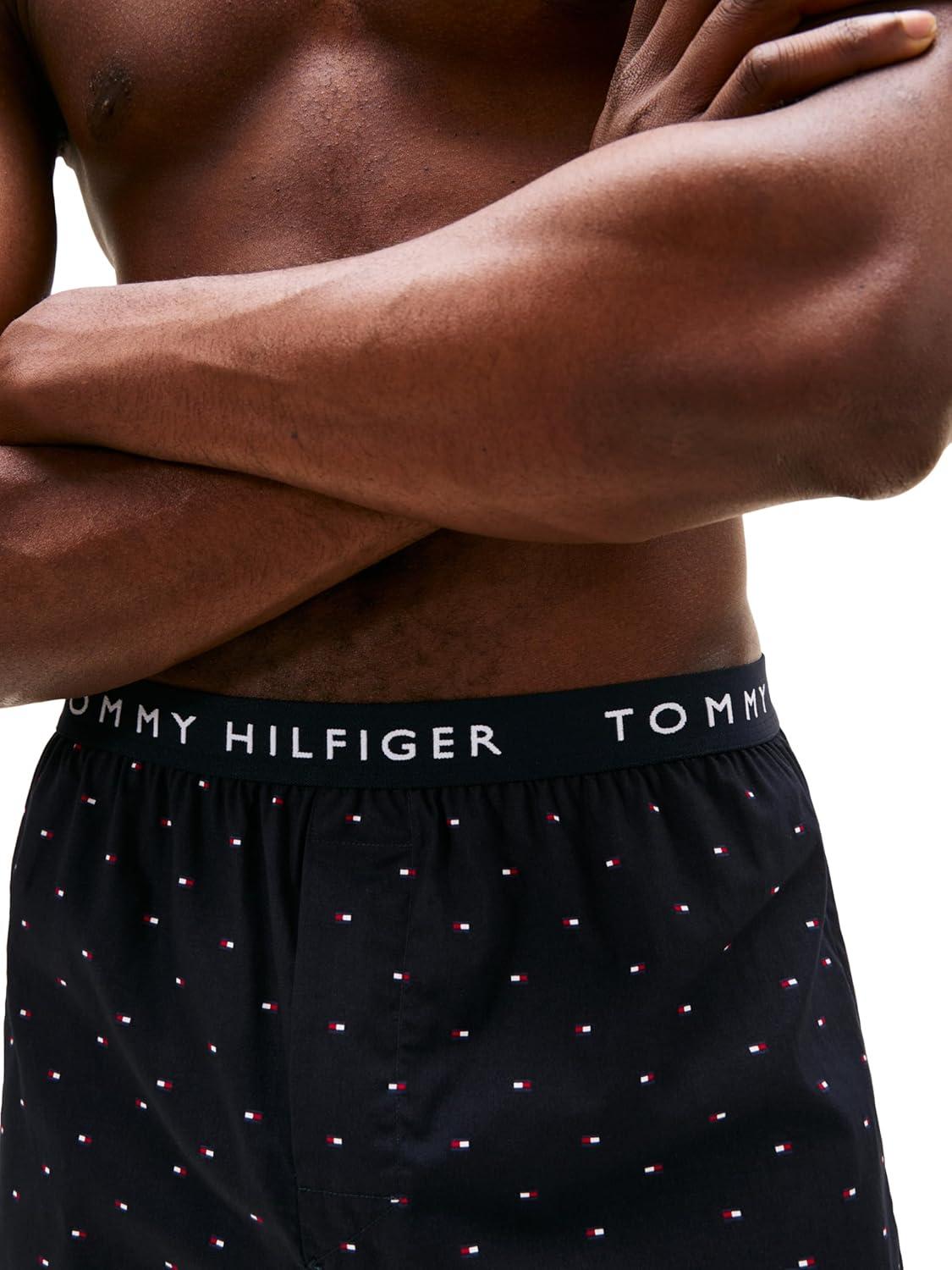 imageTommy Hilfiger mens Cotton Classic 4pack Woven BoxerDahlia Red Desert Sky Copenhagen Blue Anchor Blue W Micro Flag Print
