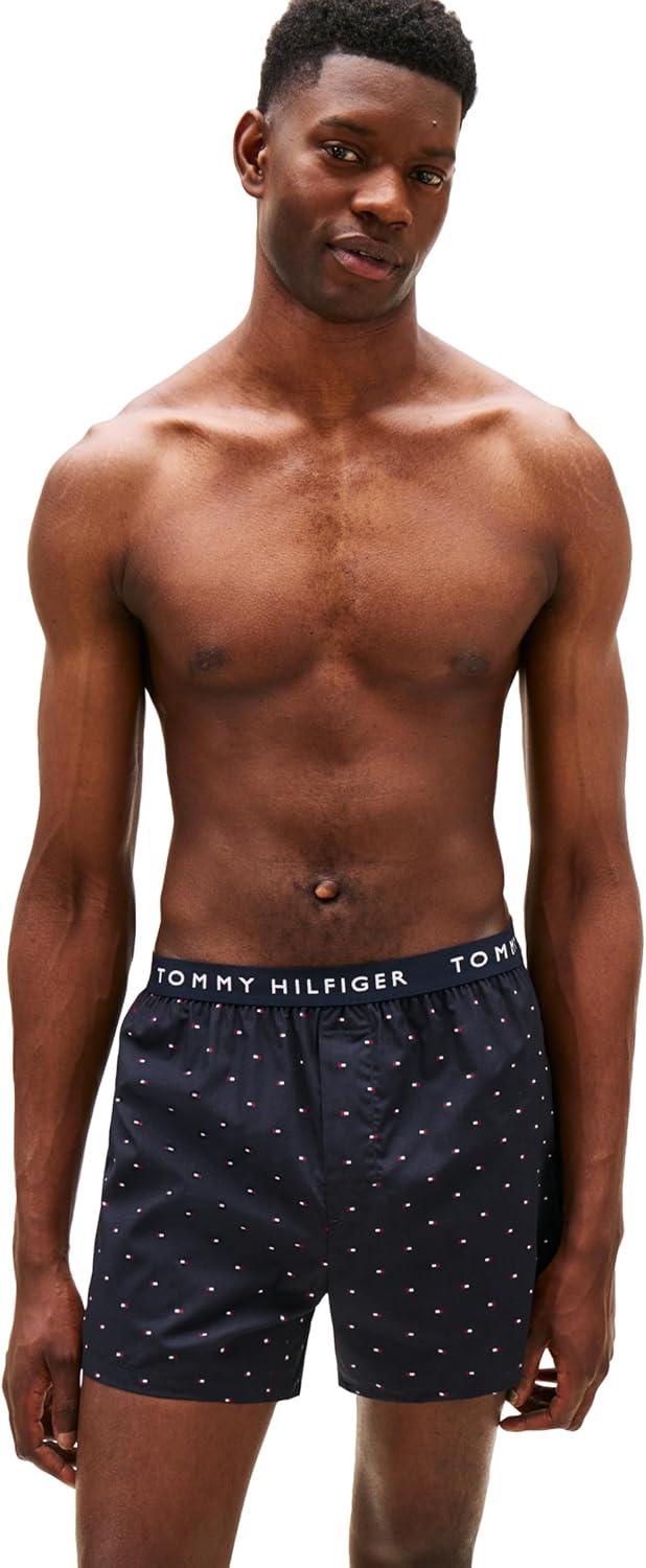 imageTommy Hilfiger mens Cotton Classic 4pack Woven BoxerDahlia Red Desert Sky Copenhagen Blue Anchor Blue W Micro Flag Print