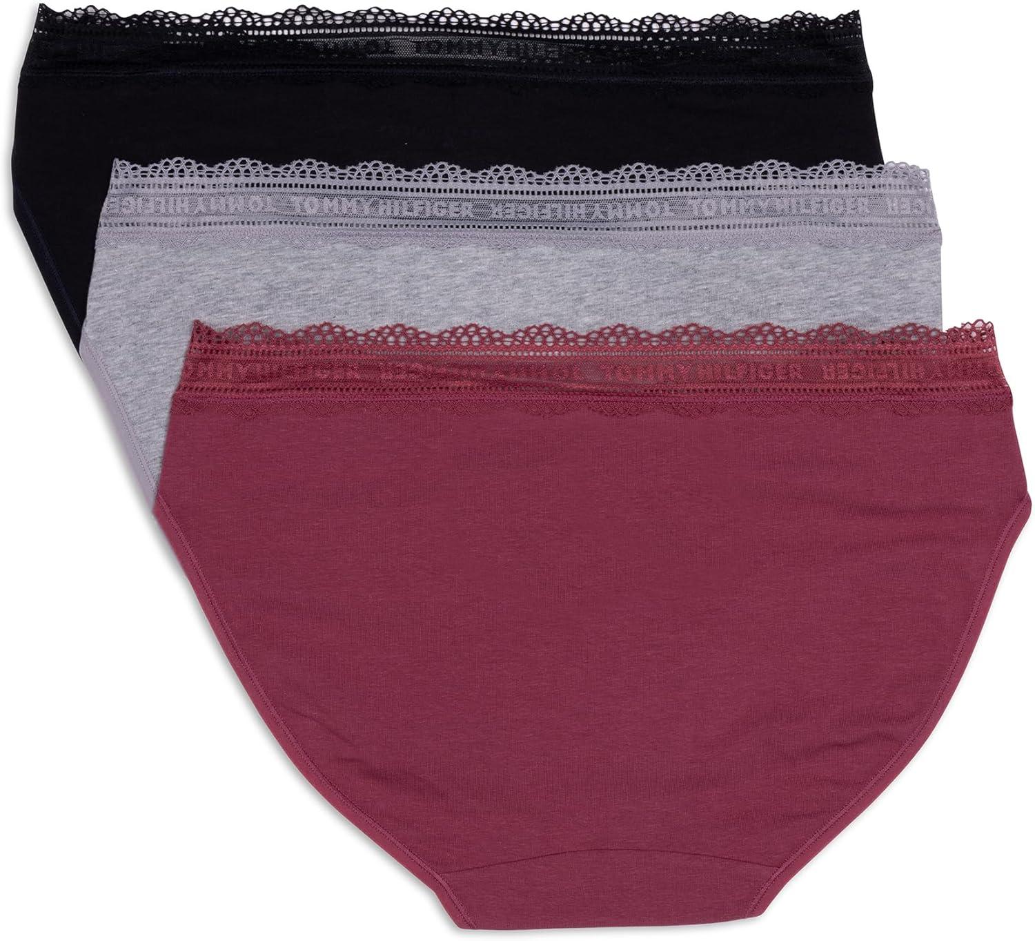 imageTommy Hilfiger womens 3pk Cotton Logo Lace Trim V BikiniDry RoseHeather GreyBlack