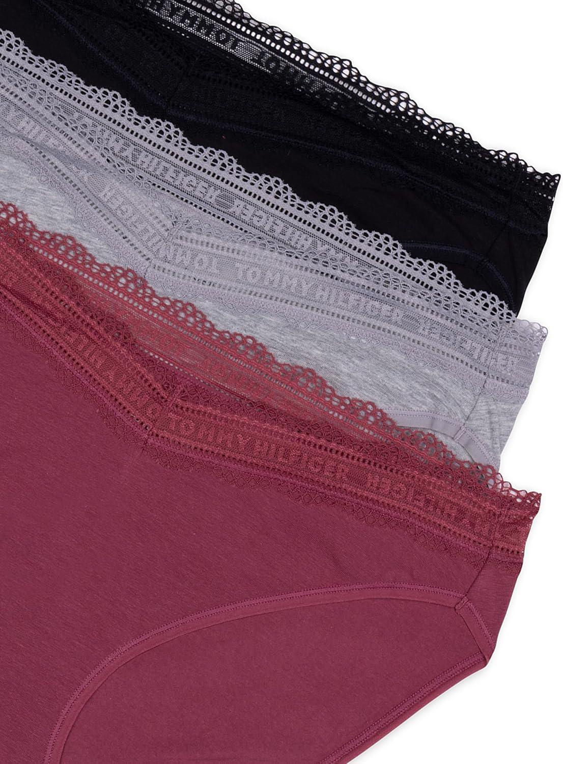 imageTommy Hilfiger womens 3pk Cotton Logo Lace Trim V BikiniDry RoseHeather GreyBlack