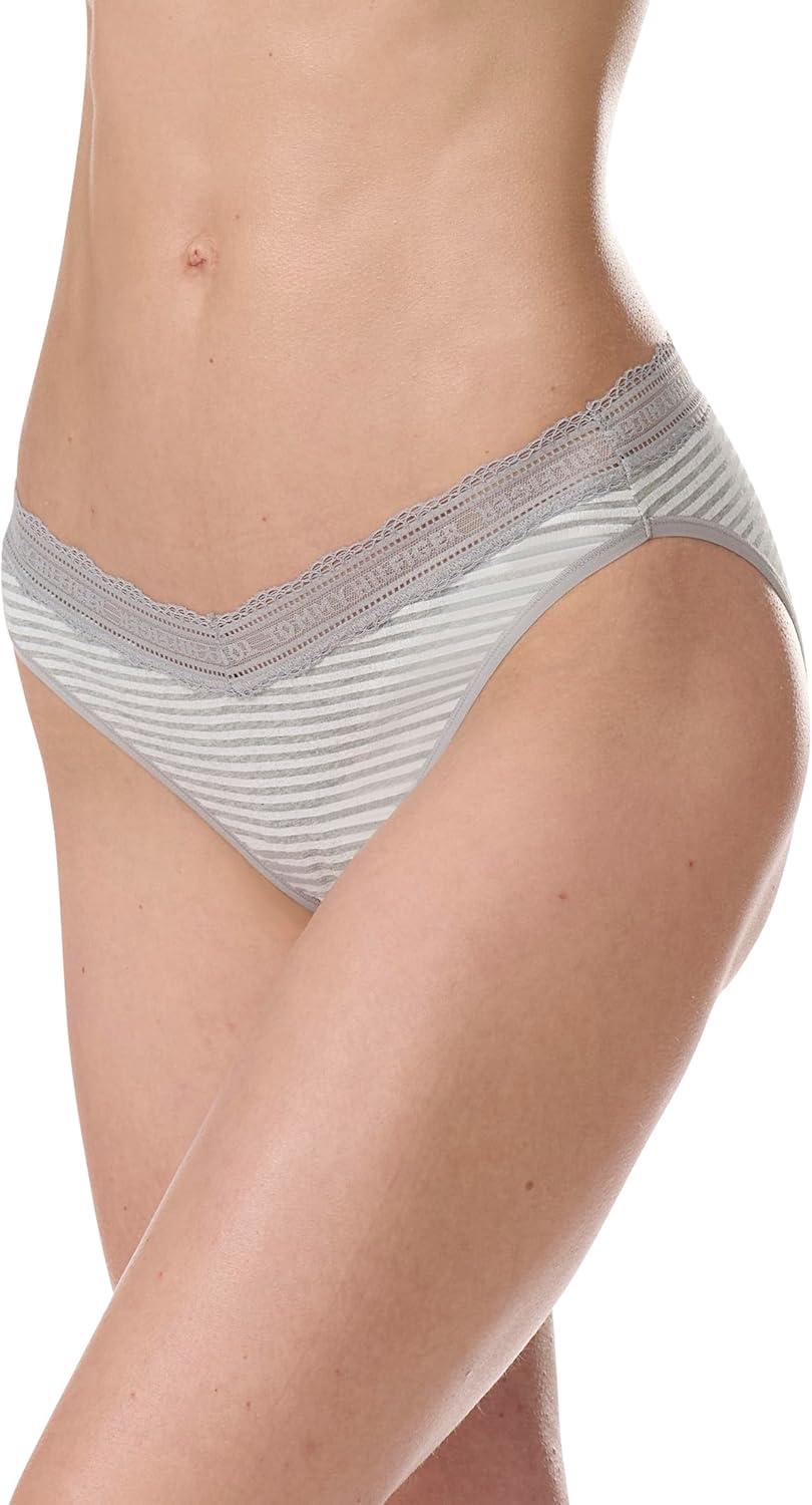 imageTommy Hilfiger womens 3pk Cotton Logo Lace Trim V BikiniQuarter Feeder Stripe Heather GreyNostalgia RoseSky Captain