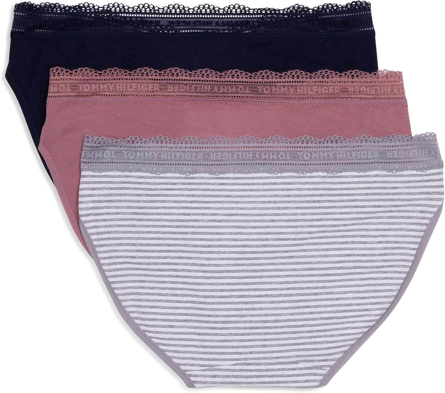 imageTommy Hilfiger womens 3pk Cotton Logo Lace Trim V BikiniQuarter Feeder Stripe Heather GreyNostalgia RoseSky Captain
