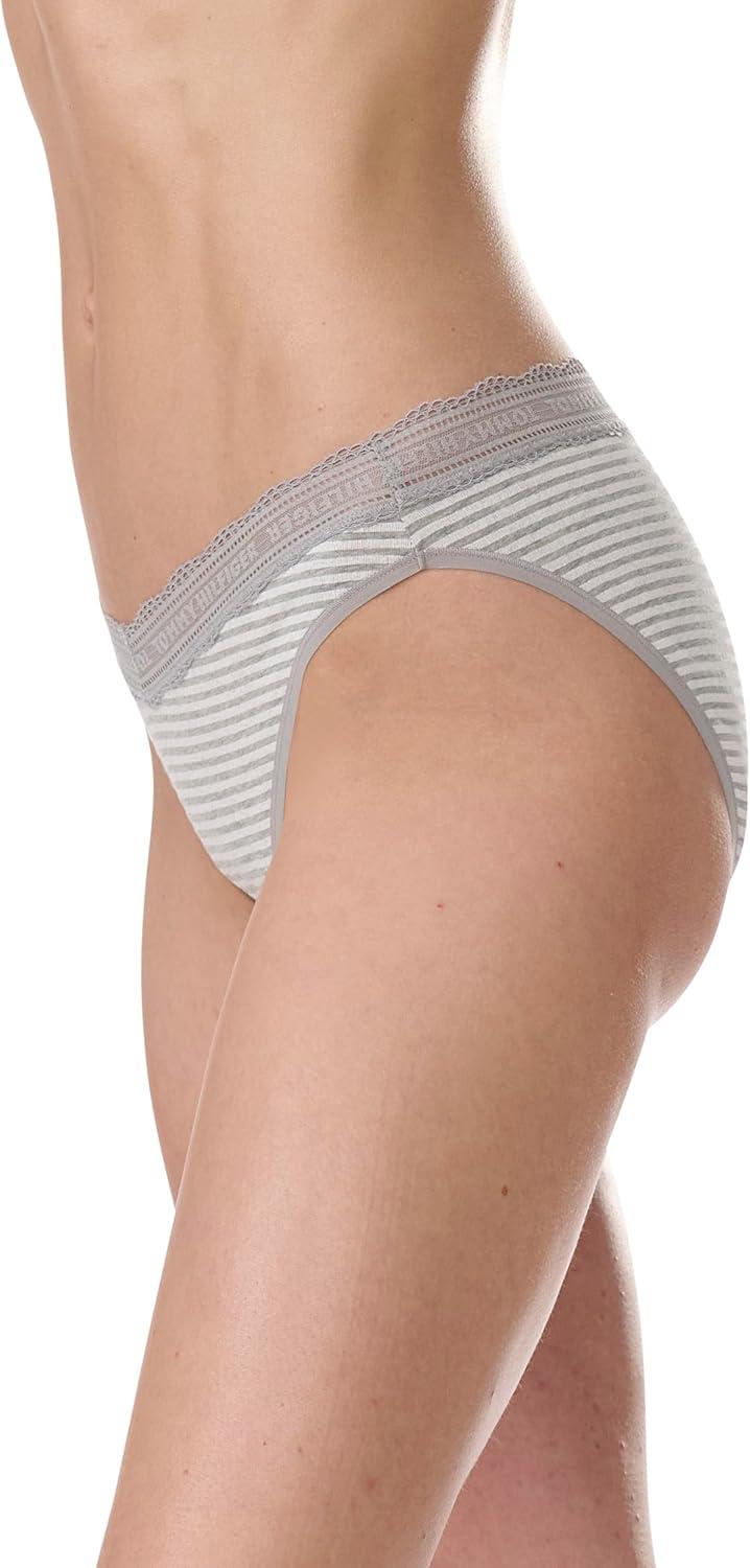imageTommy Hilfiger womens 3pk Cotton Logo Lace Trim V BikiniQuarter Feeder Stripe Heather GreyNostalgia RoseSky Captain