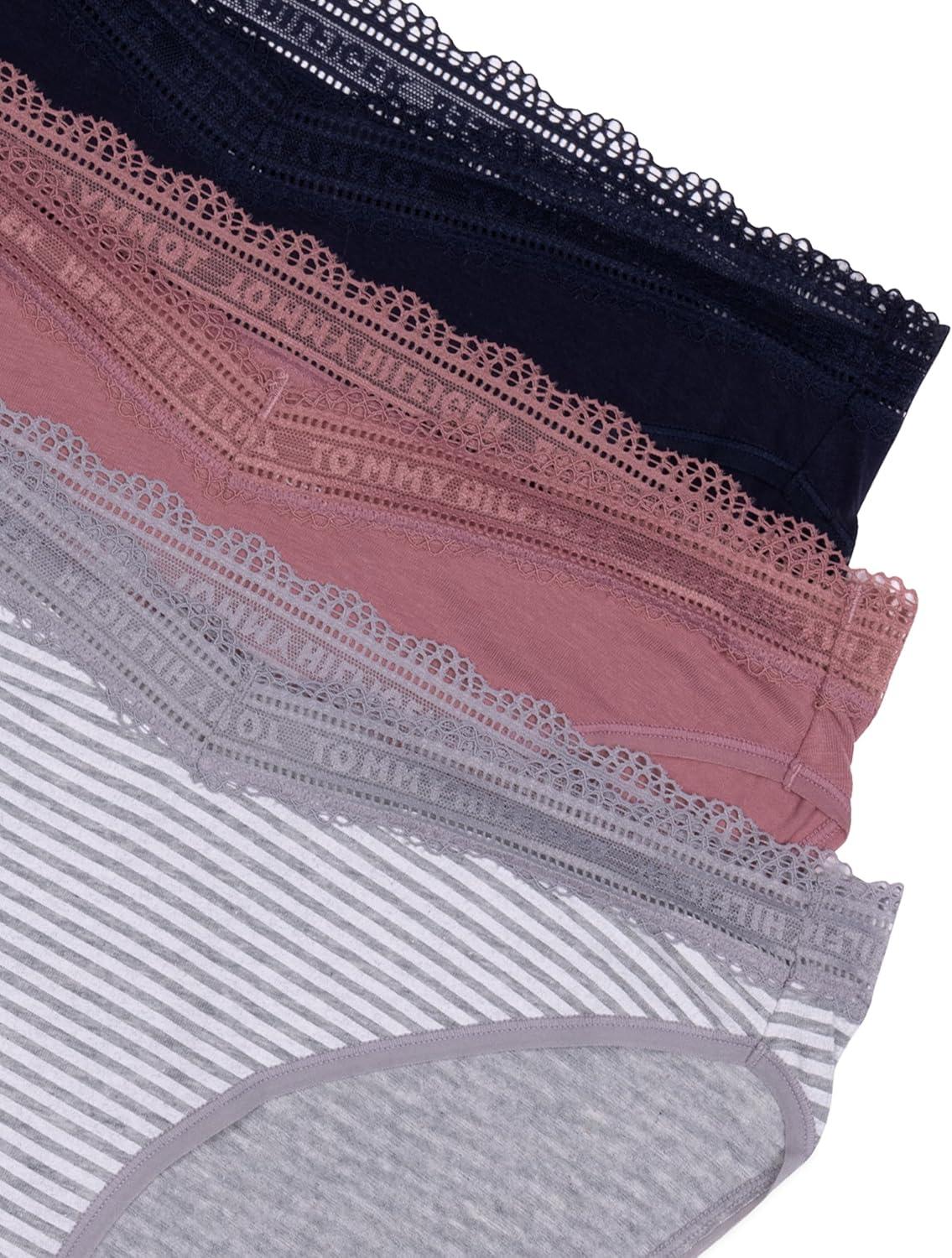 imageTommy Hilfiger womens 3pk Cotton Logo Lace Trim V BikiniQuarter Feeder Stripe Heather GreyNostalgia RoseSky Captain