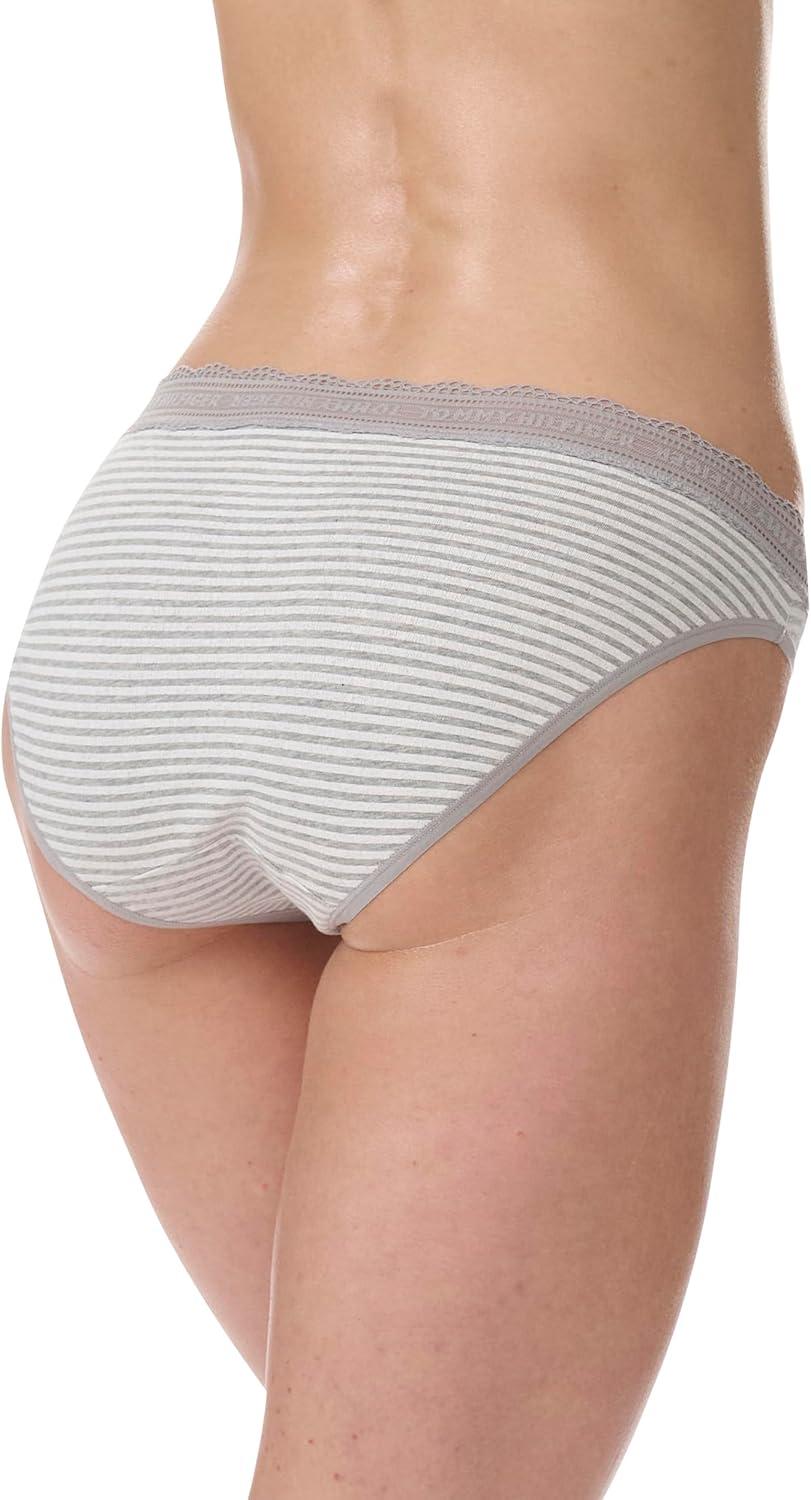 imageTommy Hilfiger womens 3pk Cotton Logo Lace Trim V BikiniQuarter Feeder Stripe Heather GreyNostalgia RoseSky Captain