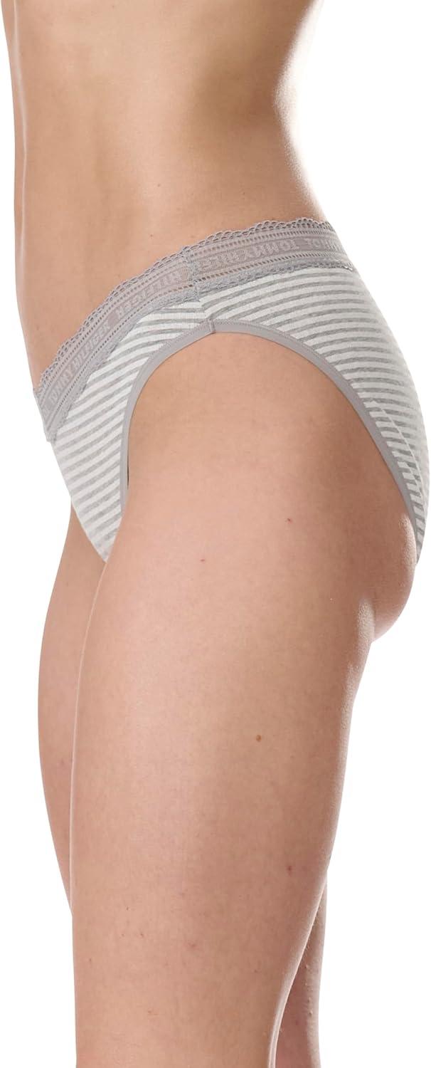 imageTommy Hilfiger womens 3pk Cotton Logo Lace Trim V BikiniQuarter Feeder Stripe Heather GreyNostalgia RoseSky Captain