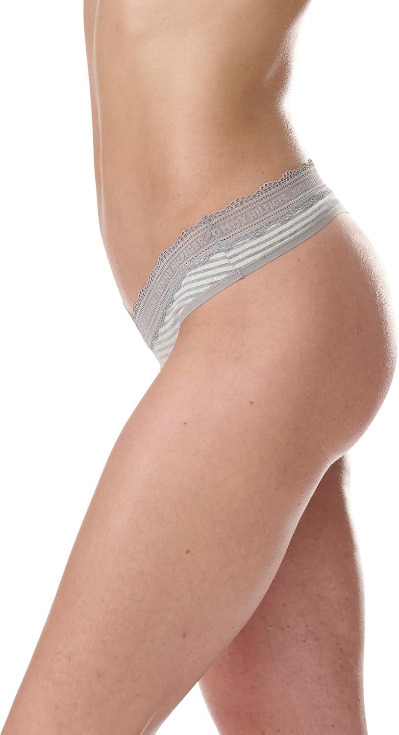 imageTommy Hilfiger womens 3pk Cotton Logo Lace Trim V ThongQuarter Feeder Stripe Heather GreyNostalgia RoseSky Captain