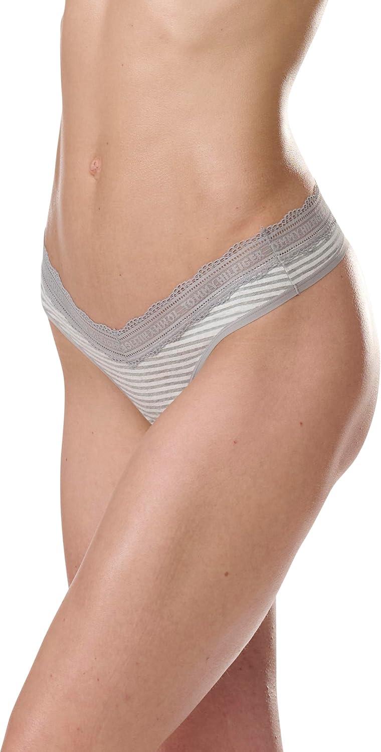 imageTommy Hilfiger womens 3pk Cotton Logo Lace Trim V ThongQuarter Feeder Stripe Heather GreyNostalgia RoseSky Captain