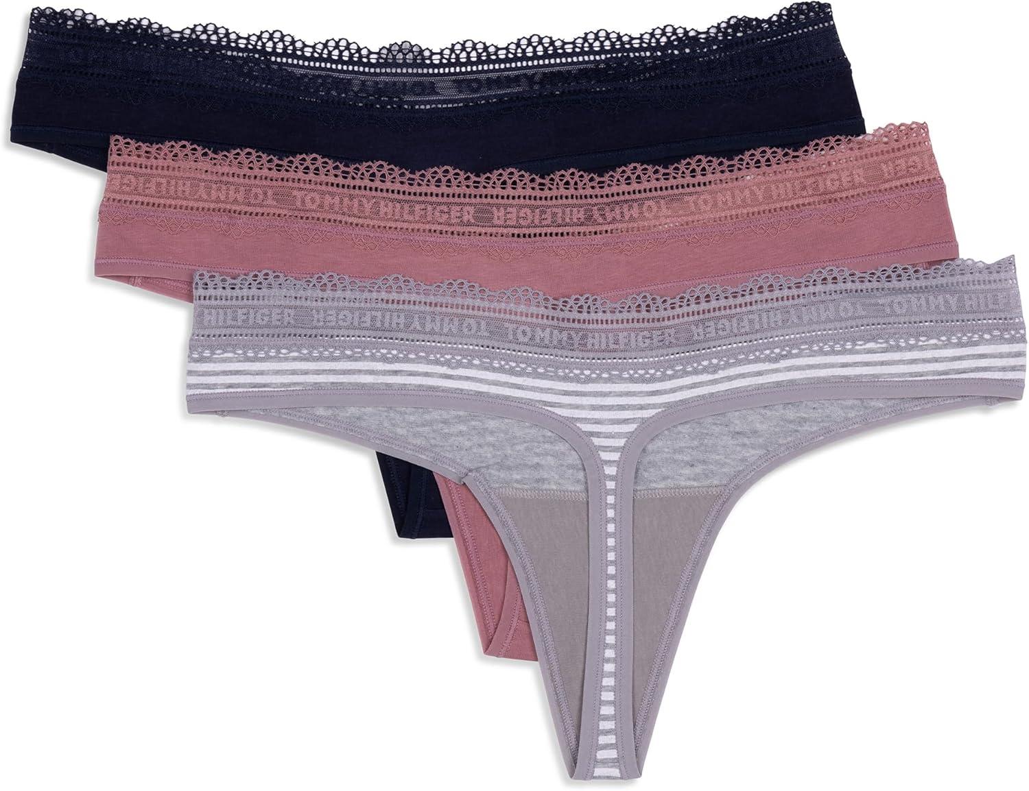 imageTommy Hilfiger womens 3pk Cotton Logo Lace Trim V ThongQuarter Feeder Stripe Heather GreyNostalgia RoseSky Captain