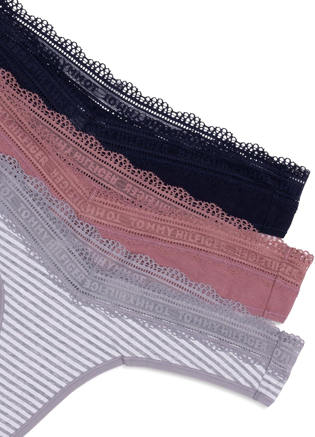 imageTommy Hilfiger womens 3pk Cotton Logo Lace Trim V ThongQuarter Feeder Stripe Heather GreyNostalgia RoseSky Captain