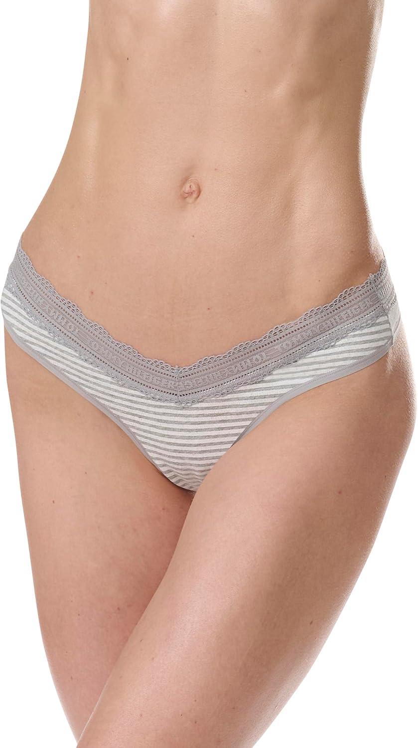 imageTommy Hilfiger womens 3pk Cotton Logo Lace Trim V ThongQuarter Feeder Stripe Heather GreyNostalgia RoseSky Captain