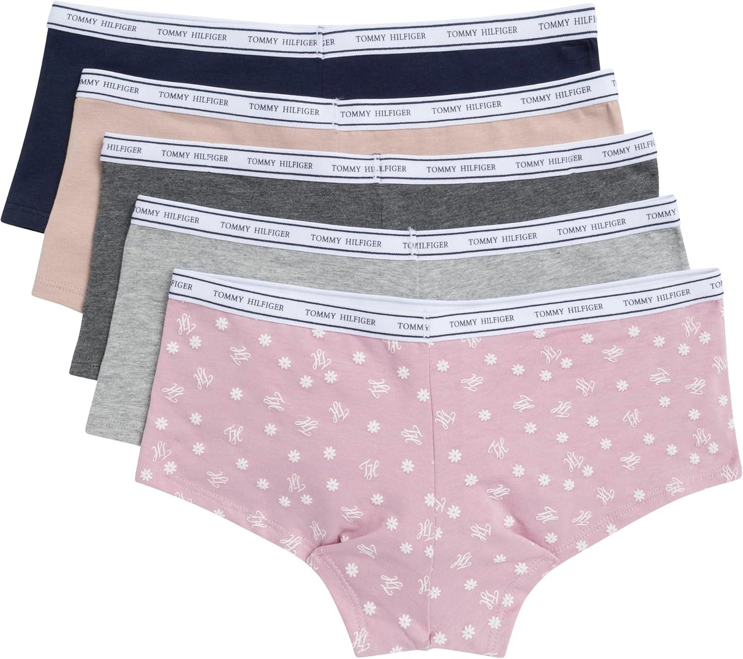 imageTommy Hilfiger womens Classic Cotton Boyshort Underwear With Logo Waistband 5packDainty Th Daisy Dawn PinkHeather GreySky CaptainBalanced BeigeCharcoal Heather Grey