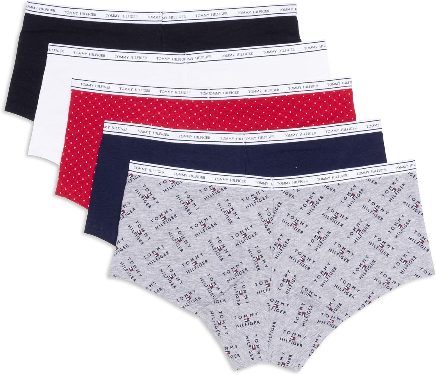 imageTommy Hilfiger womens Classic Cotton Boyshort Underwear With Logo Waistband 5packTh Flag Stack Heather GreyNavy BlazerSuper Mini Dots Apple RedBright WhiteBlack