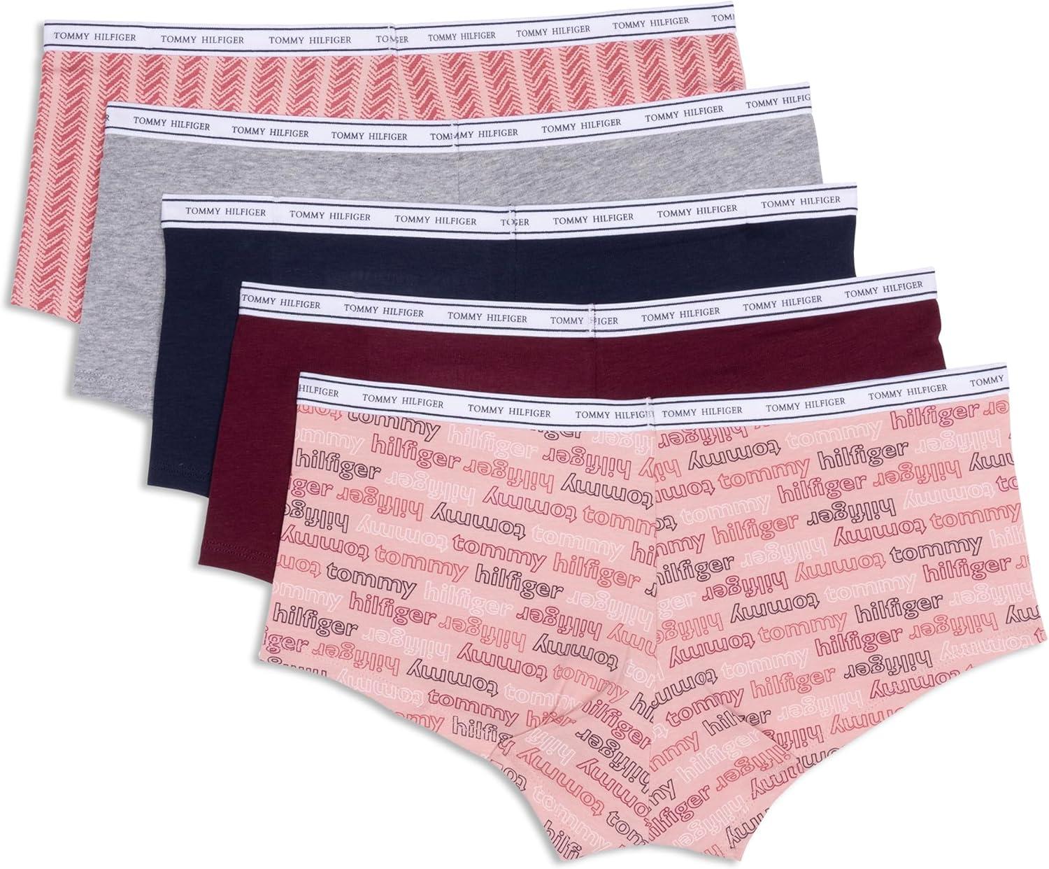 imageTommy Hilfiger womens Classic Cotton Boyshort Underwear With Logo Waistband 5packTh Multi Bridal RoseWindsor WineSky CaptainHeather GreyHerringbone Stripe Bridal Rose