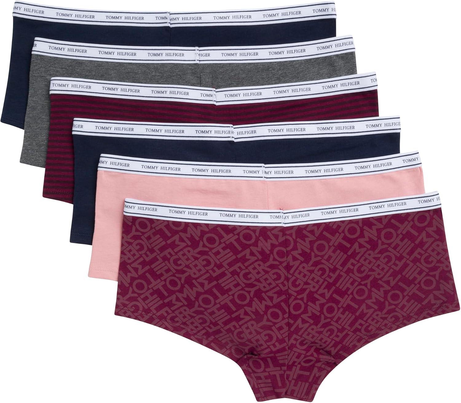 imageTommy Hilfiger womens Classic Cotton Boyshort Underwear With Logo Waistband 6packTh Diagonal Windsor WineBridal RoseSky CaptainCharcoal Heather GreySky CaptainStripe Windsor Wine