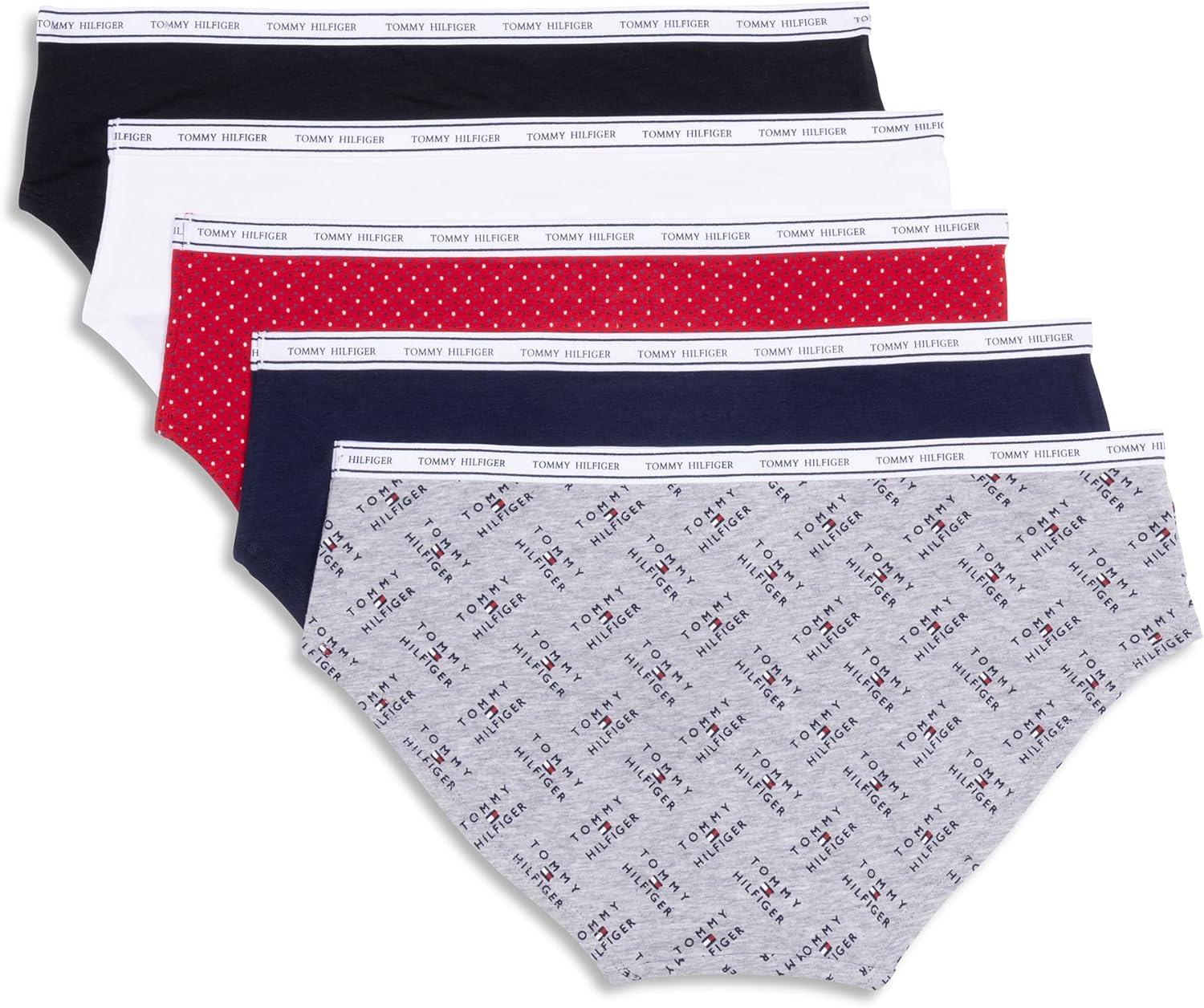 imageTommy Hilfiger womens Classic Cotton Hipster Underwear With Logo Waistband 5packTh Flag Stack Heather GreyNavy BlazerSuper Mini Dots Apple RedBright WhiteBlack