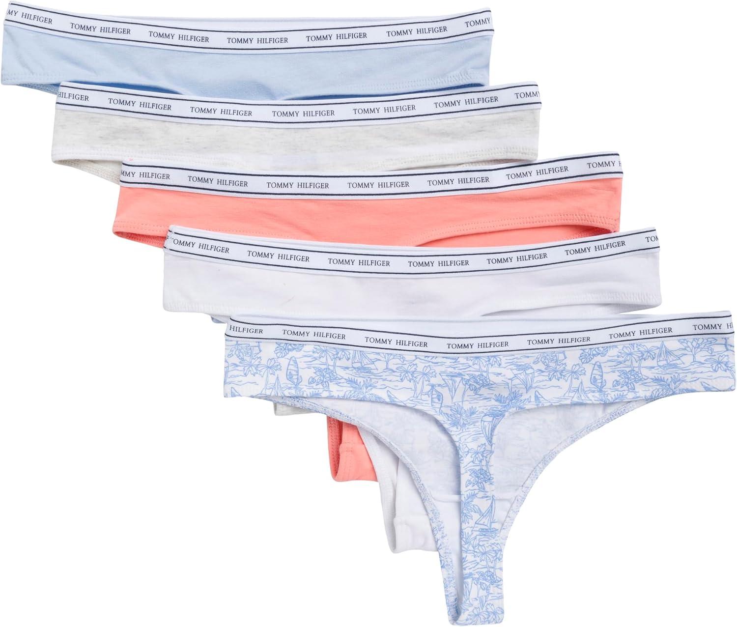 imageTommy Hilfiger womens Classic Cotton Logoband Thong 5 PackHarborBright WhiteDesert FlowerSweet BlueHeather Grey Stripe