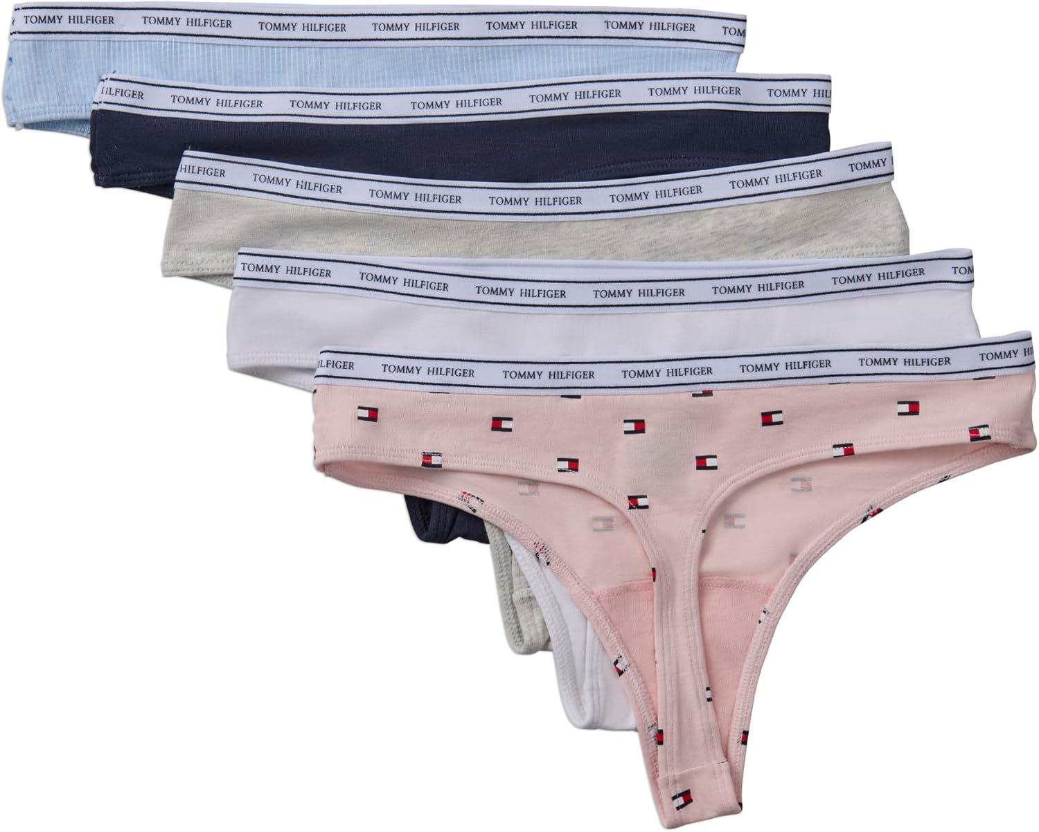 imageTommy Hilfiger womens Classic Cotton Logoband Thong 5 PackLogo FlagBrghtwhiteIcehthrgrySkycptTh Pinstripe
