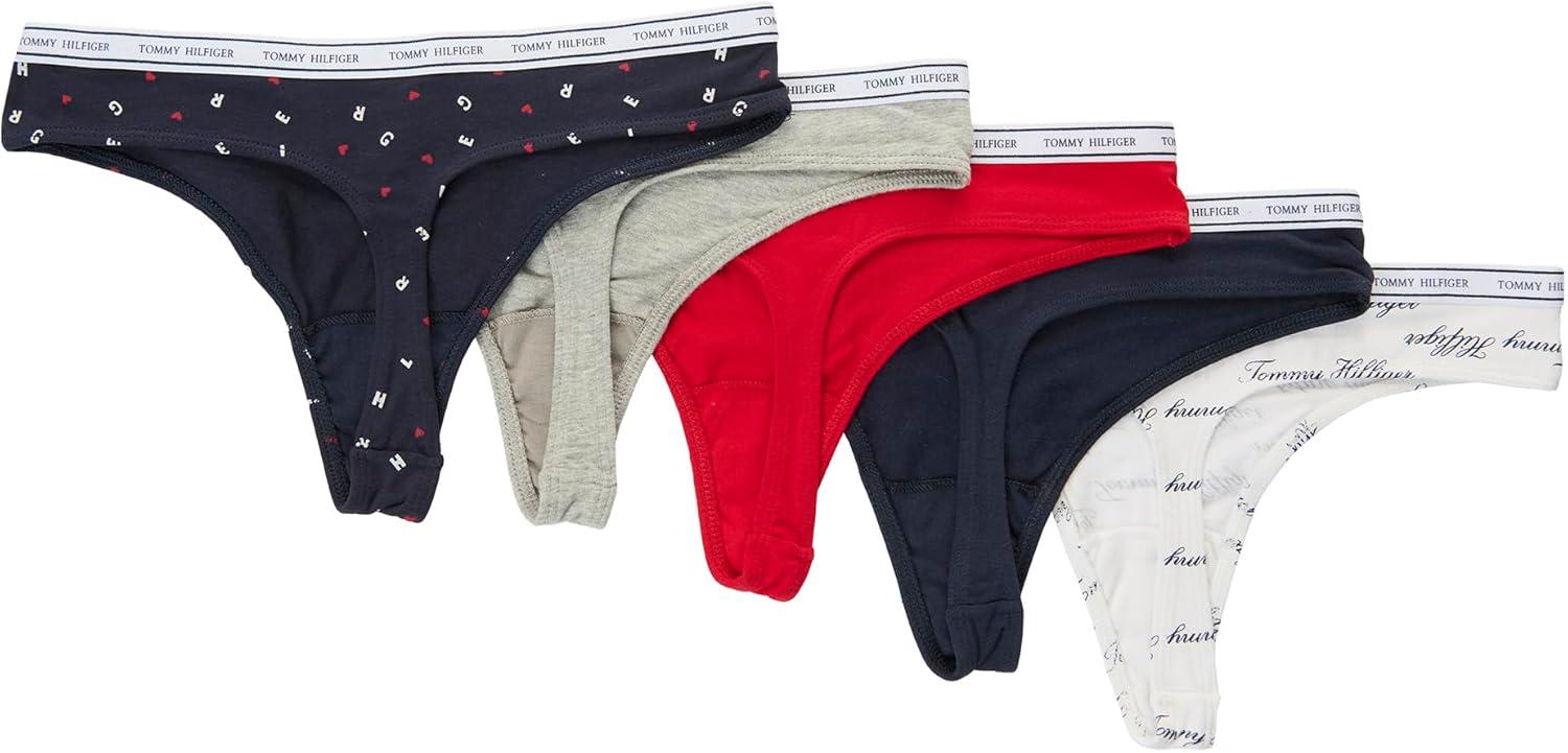imageTommy Hilfiger womens Classic Cotton Logoband Thong 5 PackTh Heartstoss BrghtwhiteHthrgryTngoredSkycaptThcalli