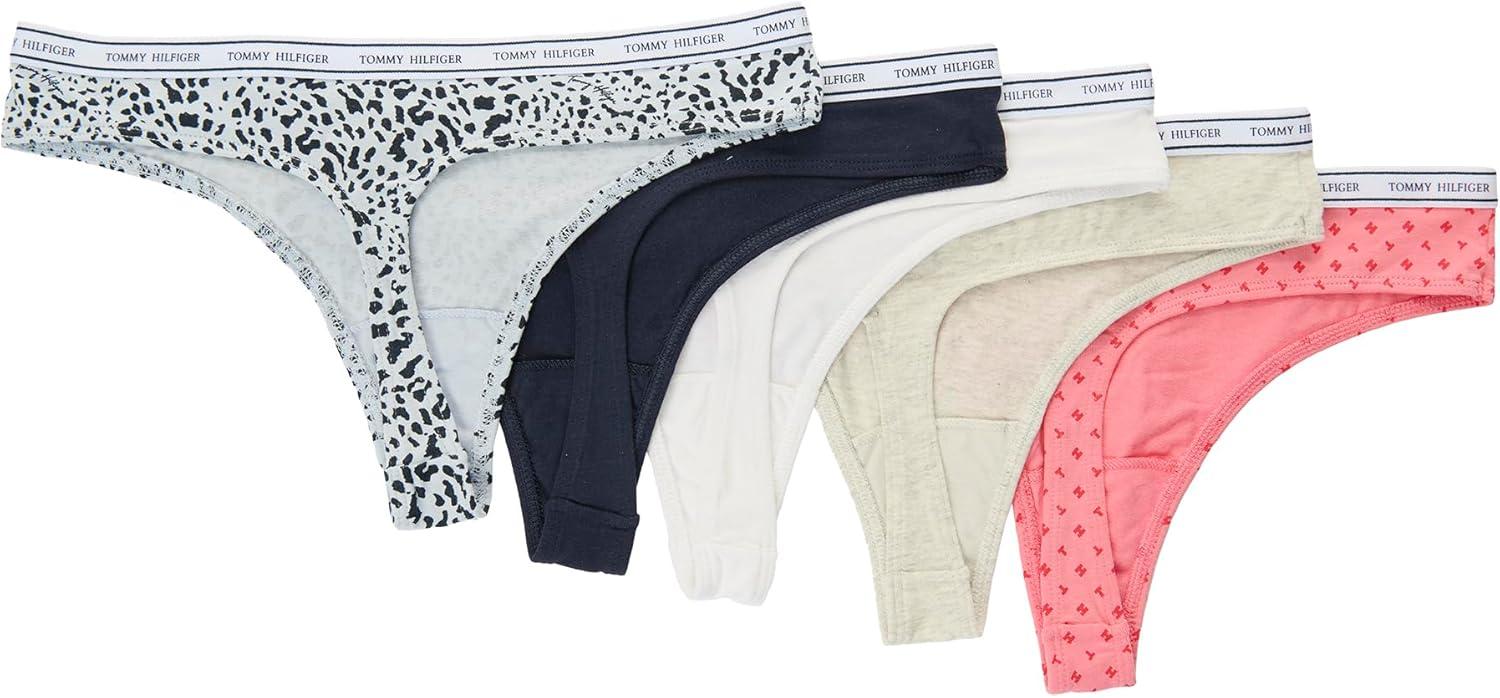 imageTommy Hilfiger womens Classic Cotton Logoband Thong 5 PackTh Animal Allover HeatherSky CaptainBright WhiteIce Grey HeatherOpen Th Allover Strawberry Pink