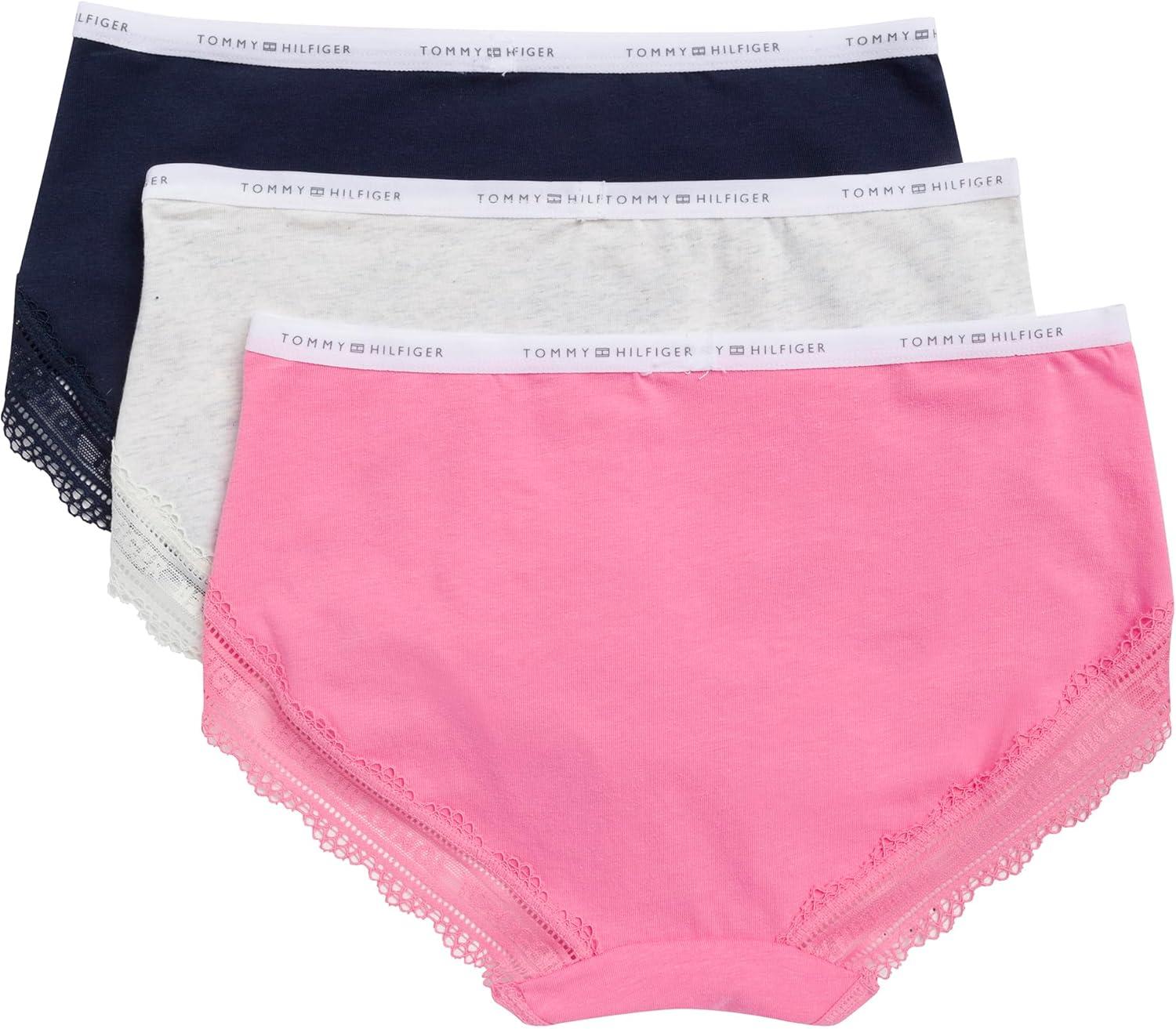 imageTommy Hilfiger womens Cotton Logo Waistband Lace Trim Hipster 3packMorning GloryHeather GreySky Captain