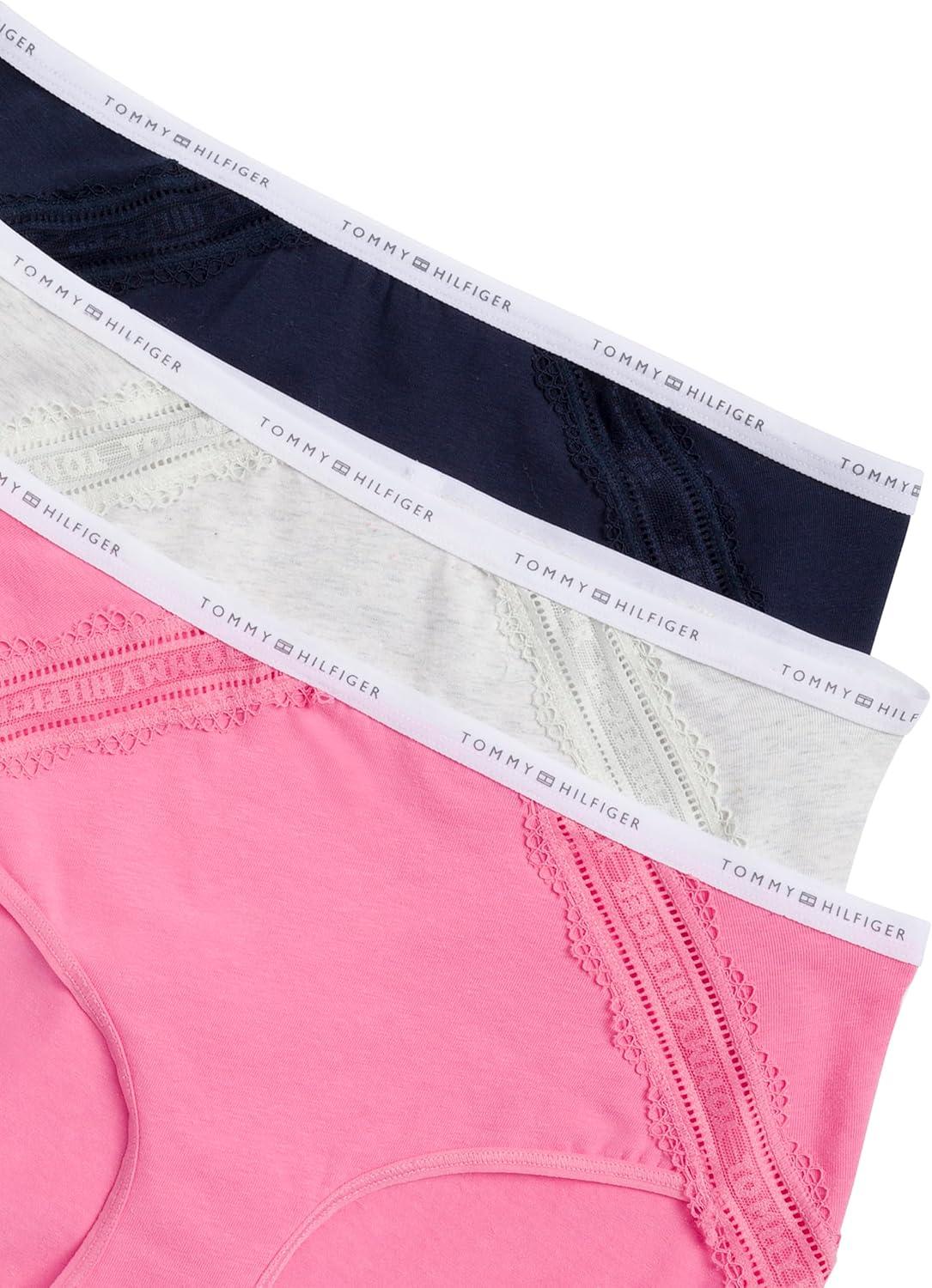 imageTommy Hilfiger womens Cotton Logo Waistband Lace Trim Hipster 3packMorning GloryHeather GreySky Captain