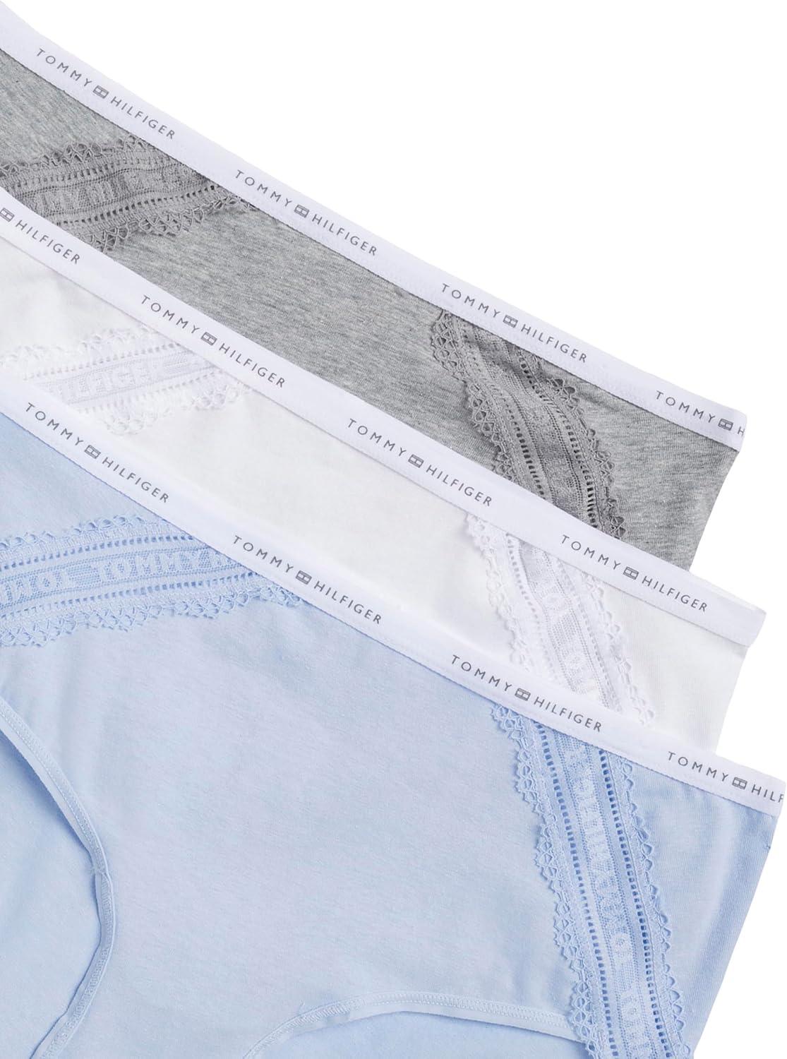 imageTommy Hilfiger womens Cotton Logo Waistband Lace Trim Hipster 3packSweet BlueBright WhiteHeather Grey