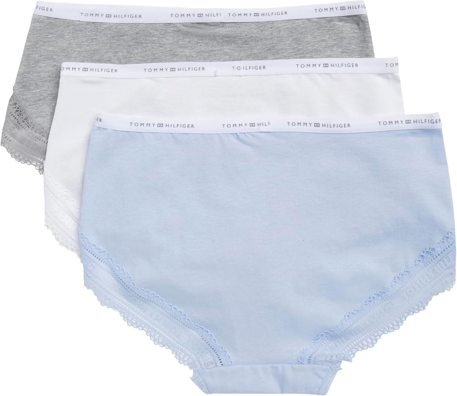 imageTommy Hilfiger womens Cotton Logo Waistband Lace Trim Hipster 3packSweet BlueBright WhiteHeather Grey