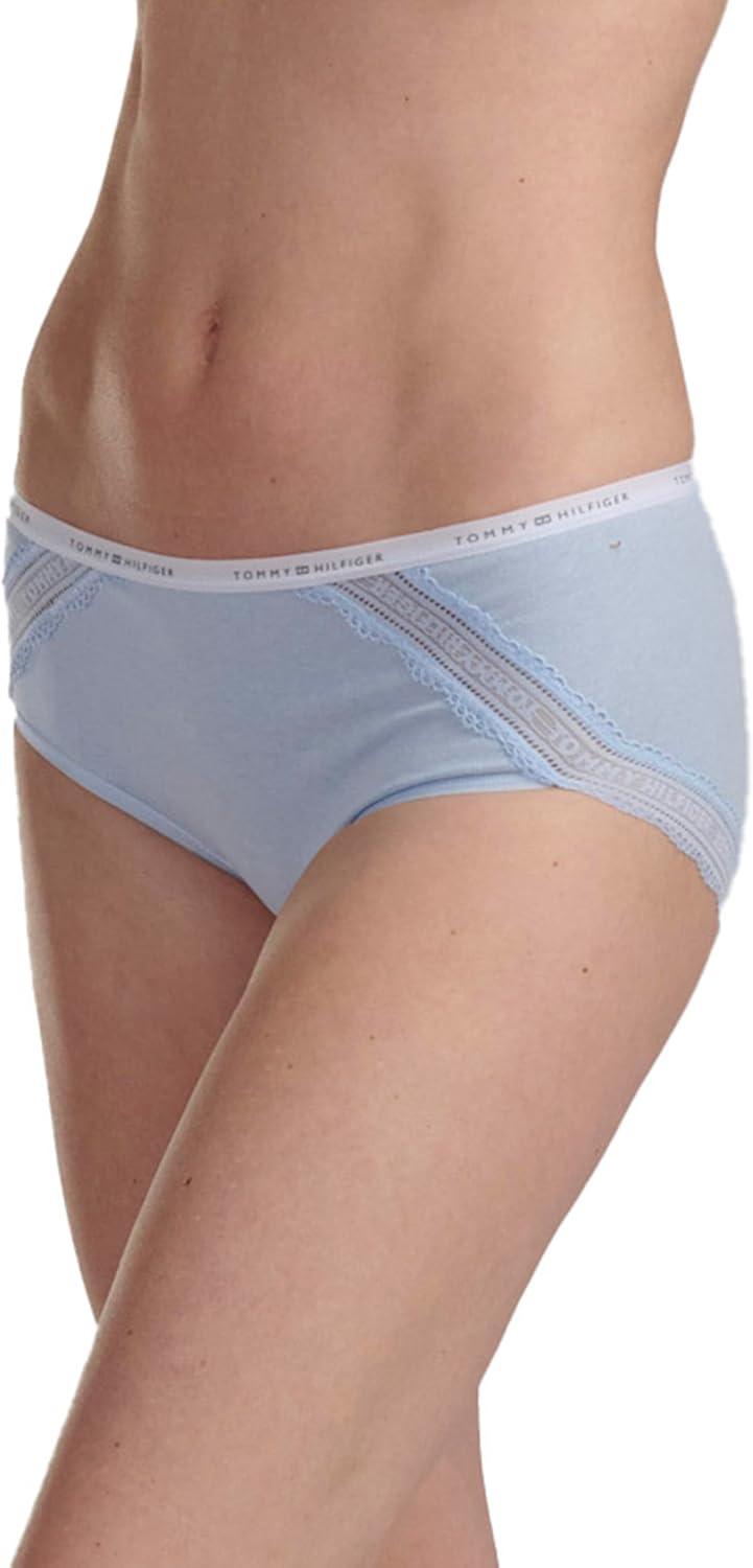 imageTommy Hilfiger womens Cotton Logo Waistband Lace Trim Hipster 3packSweet BlueBright WhiteHeather Grey