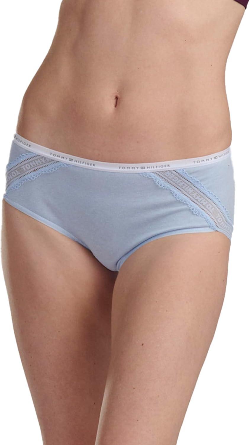 imageTommy Hilfiger womens Cotton Logo Waistband Lace Trim Hipster 3packSweet BlueBright WhiteHeather Grey