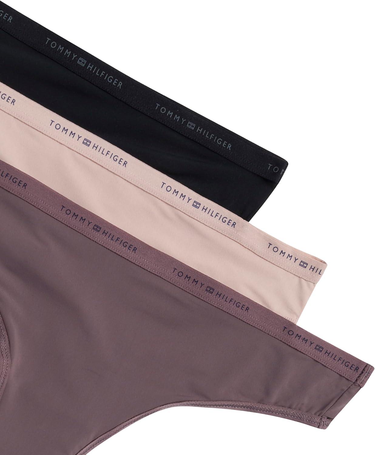 imageTommy Hilfiger womens Microfiber Thong Underwear With Elastic Waistband 3packBalanced BeigeSparrowBlack