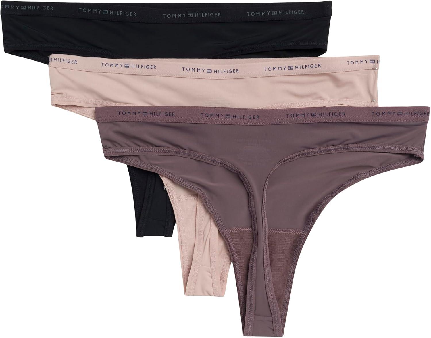 imageTommy Hilfiger womens Microfiber Thong Underwear With Elastic Waistband 3packBalanced BeigeSparrowBlack