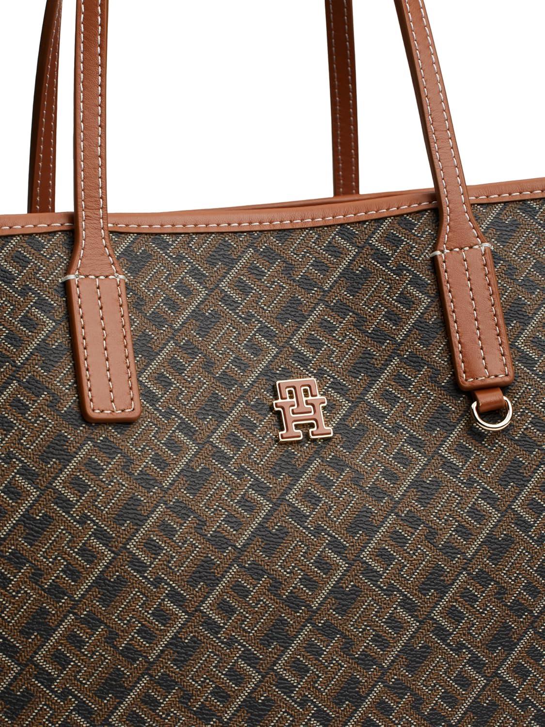 imageTommy Hilfiger womens Monogram Leather Tote With Zipper PocketBlack Tan Mix