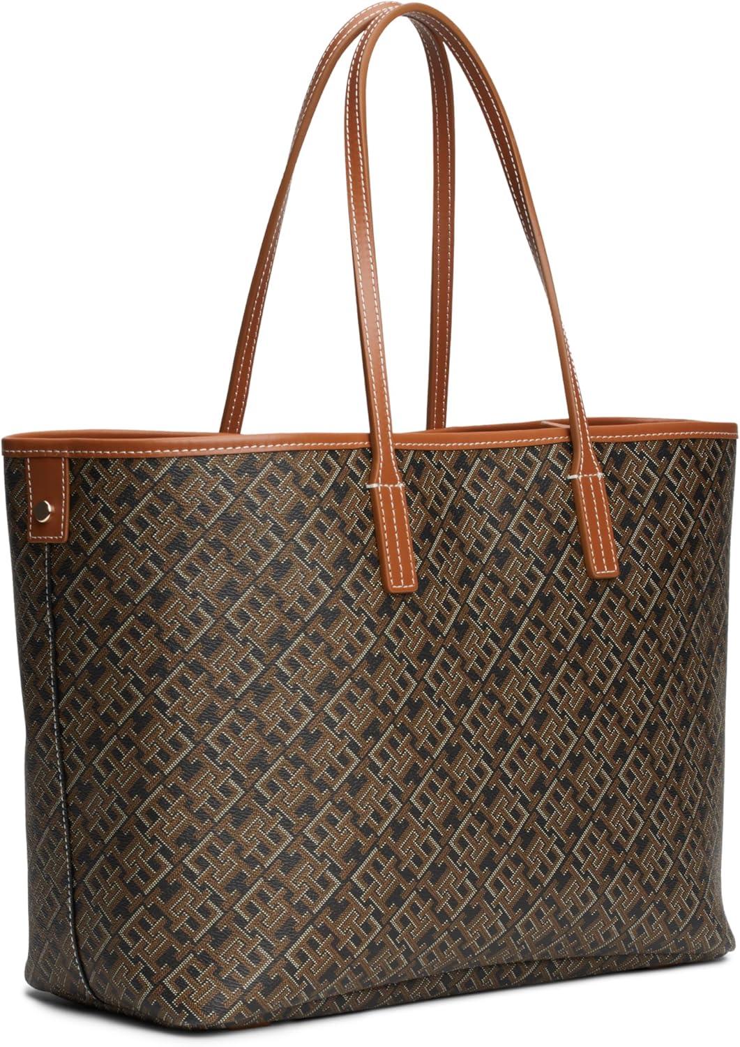 imageTommy Hilfiger womens Monogram Leather Tote With Zipper PocketBlack Tan Mix