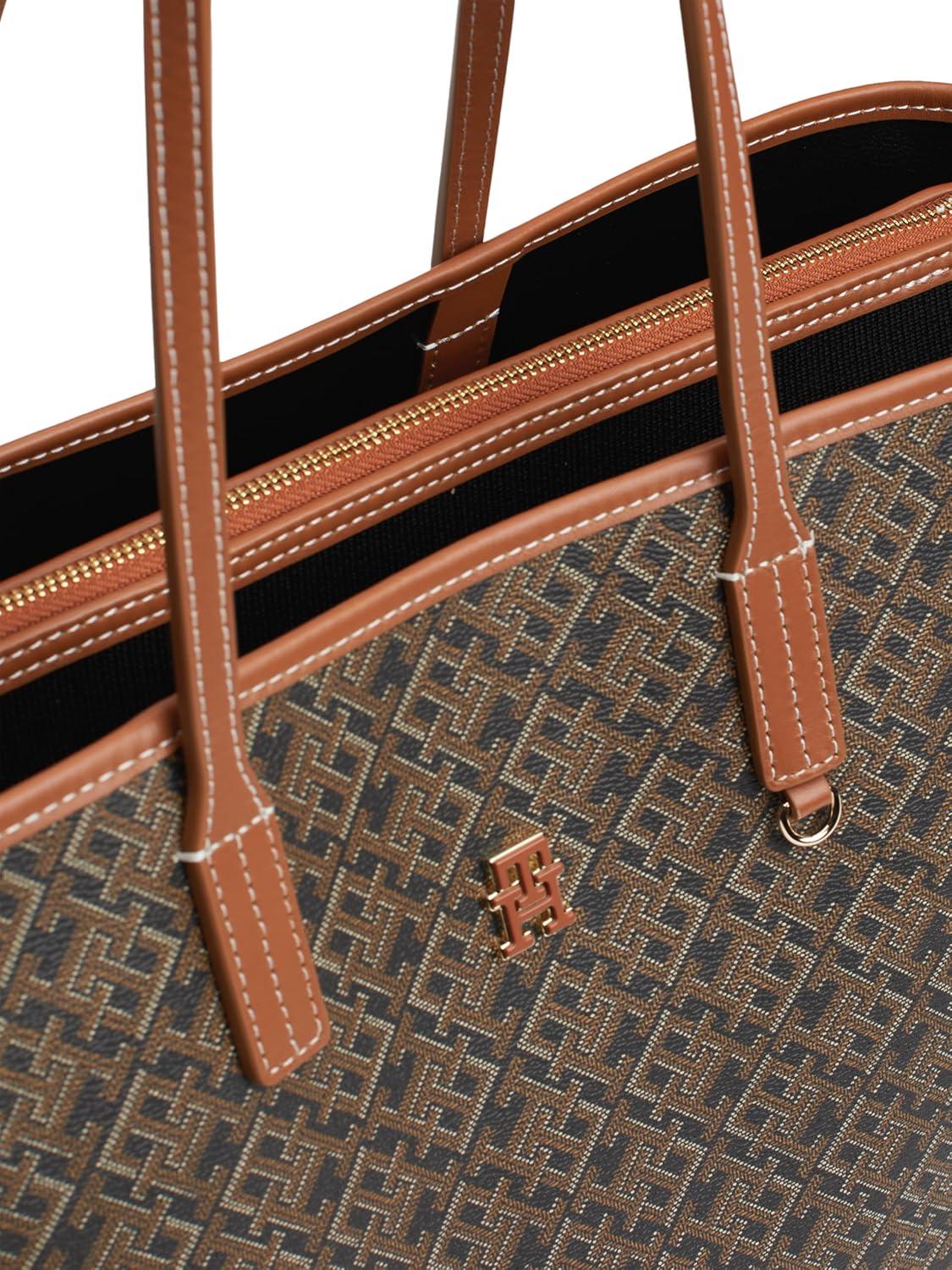 imageTommy Hilfiger womens Monogram Leather Tote With Zipper PocketBlack Tan Mix