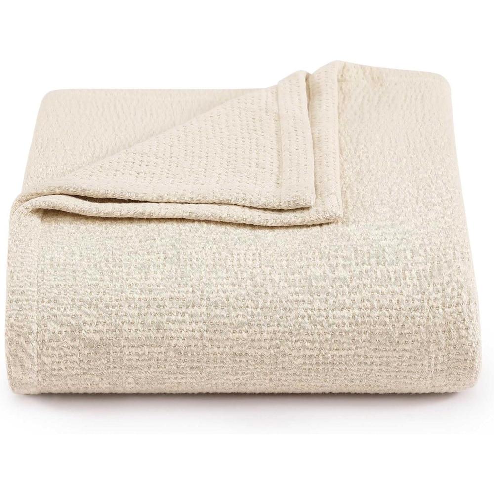 imageTommy Hilfiger Twin Cotton Blanket Woven Channel Stitched Bedding Medium Weight Soft Blanket AntiPilling ampamp Fade Resistant Ideal for Layering OekoTEX Certified BlueRunning Stitch Beige