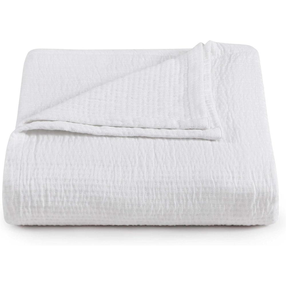 imageTommy Hilfiger Twin Cotton Blanket Woven Channel Stitched Bedding Medium Weight Soft Blanket AntiPilling ampamp Fade Resistant Ideal for Layering OekoTEX Certified BlueRunning Stitch White