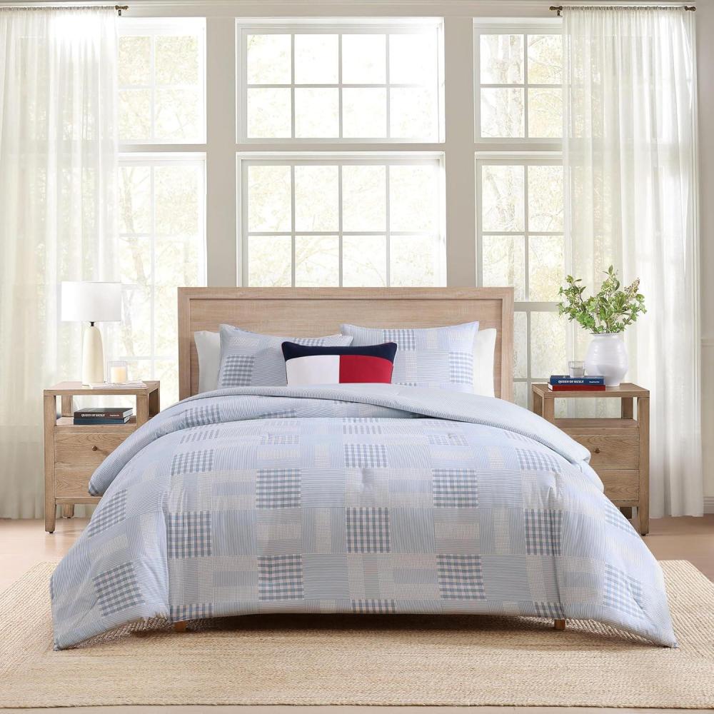 imageTommy Hilfiger Twin Duvet Cover Set Cotton Textured Bedding with Matching Sham Medium Weight Bed Set OekoTEX Certified Hamptons Patchwork BlueHamptons Patchwork Blue