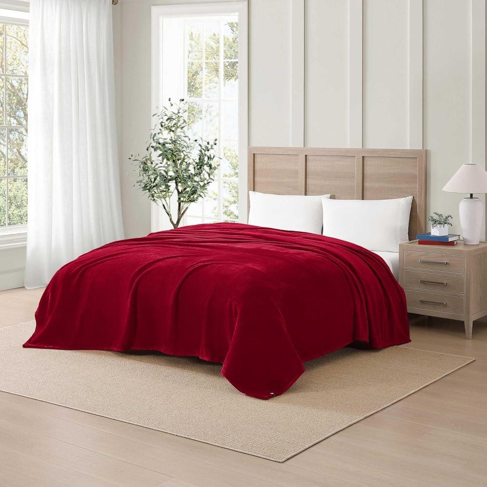 imageTommy Hilfiger  Twin Plush Blanket Medium Weight Bedding for YearRound Use Perfect for Layering on Beds or Couches Dorm Essentials Light BeigeDark Red