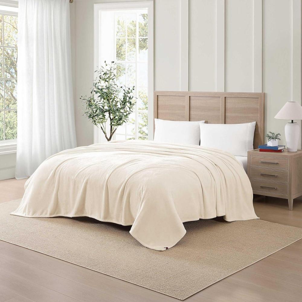 imageTommy Hilfiger Twin Plush Blanket Medium Weight Bedding for YearRound Use Perfect for Layering on Beds or Couches Dorm Essentials Light BeigeLight Beige