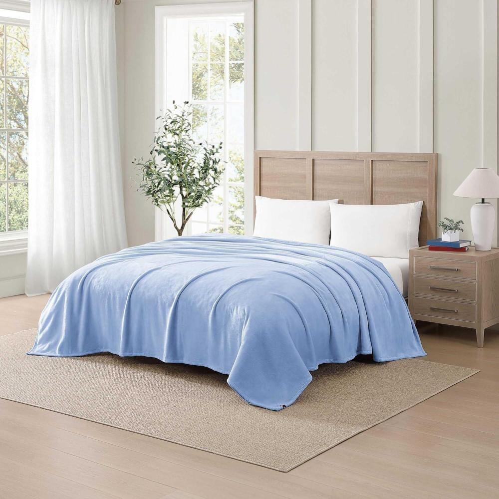 imageTommy Hilfiger Twin Plush Blanket Medium Weight Bedding for YearRound Use Perfect for Layering on Beds or Couches Dorm Essentials Light BeigeLight Blue