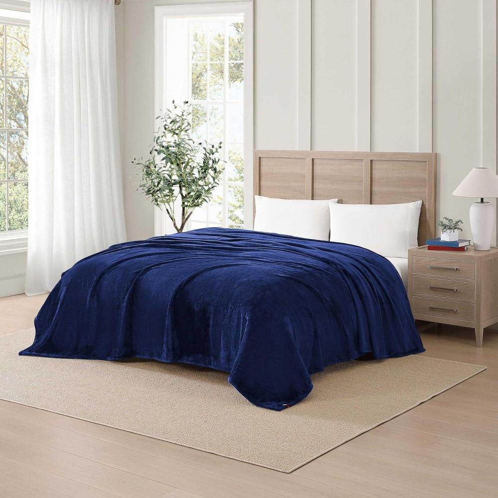 imageTommy Hilfiger Twin Plush Blanket Medium Weight Bedding for YearRound Use Perfect for Layering on Beds or Couches Dorm Essentials Light BeigeMarine Blue
